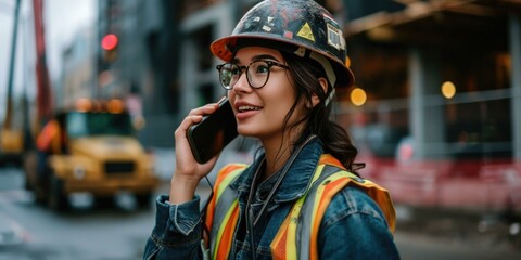 A woman wearing a hard hat and glasses talking on a cell phone. Generative AI.