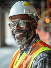 Obraz premium An african american man in a hard hat and glasses. Generative AI.
