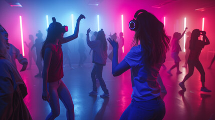 A vibrant and lively group of dancers move gracefully under the neon lights, their magenta clothing...