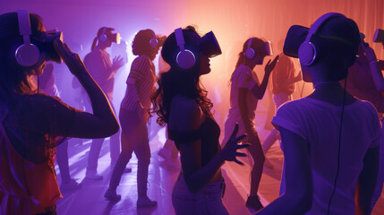 A mesmerizing performance of vibrant dancers adorned in virtual reality headsets, swaying to the...