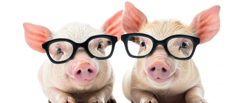 Two pigs wearing glasses on a white background. Generative AI.