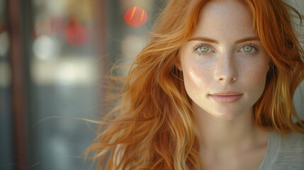 A spirited redhead with a sun-kissed complexion and tousled surfer hair poses for a portrait, her freckles and bright red locks adding a touch of whimsy to her confident gaze - obrazy, fototapety, plakaty