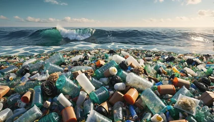 Foto auf Acrylglas Free-floating industrial plastic waste in the ocean and on beaches, massively polluting coastal regions and waters around the world - ai generated © Christoph Burgstedt