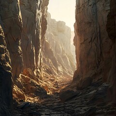 a narrow rocky canyon with a person walking through it