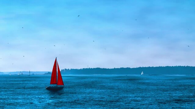 Relaxing animated photo of a red sail boat in the blue ocean in Finnish gulf with sea birds or gulls flying in sky and clouds moving. Copy space background animation for text effects. 