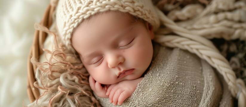 Adorable newborn baby boy peacefully sleeping in a rustic woven basket