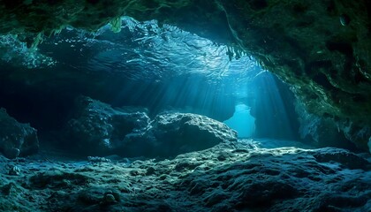 a underwater cave with sunlight streaming through the water - obrazy, fototapety, plakaty