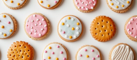 Assorted Decorated Cookies on a Clean White Table for Festive Celebration and Delicious Treats - obrazy, fototapety, plakaty