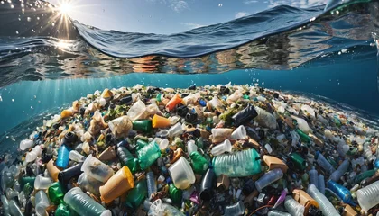 Foto op Plexiglas Free-floating industrial plastic waste in the ocean and on beaches, massively polluting coastal regions and waters around the world - ai generated © Christoph Burgstedt