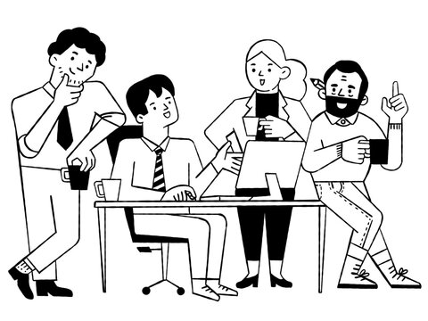 Cute vector illustration character of young business teamwork, happy and smiling, having conversation together. Outline, thin line art, hand drawn skecth design. 