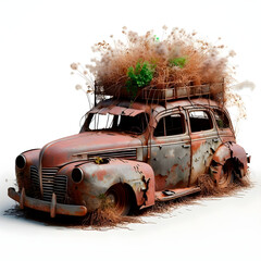rusted car, dented, and covered by untamed vegetation - obrazy, fototapety, plakaty