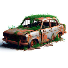 Wreck on wheels: rusted and dented car, overtaken by plant growth