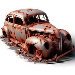 Vintage car left behind, now rusted and with visible dents - obrazy, fototapety, plakaty