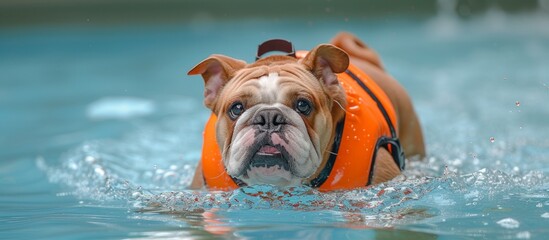 Adorable dog with life jacket enjoying swimming in blue pool on a sunny day - obrazy, fototapety, plakaty