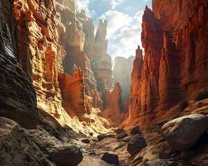 a narrow canyon filled with lots of rock formations