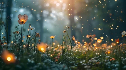 Selbstklebende Fototapeten a field full of flowers with lights in the background © KWY