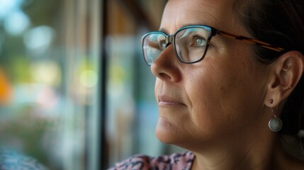 Intelligent Woman Wearing Glasses with Thoughtful Expression