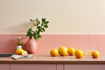 Fresh citrus fruits on kitchen counter with soft pink accents for natural illumination, empty space