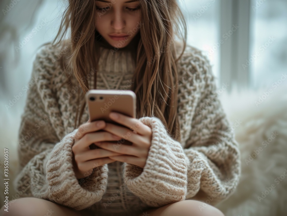 Wall mural a young woman in a sweater is looking at her phone. generative ai.