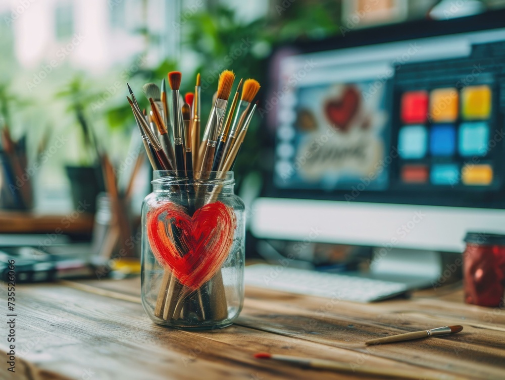 Poster a vase with paintbrushes and a heart painted on it. generative ai.