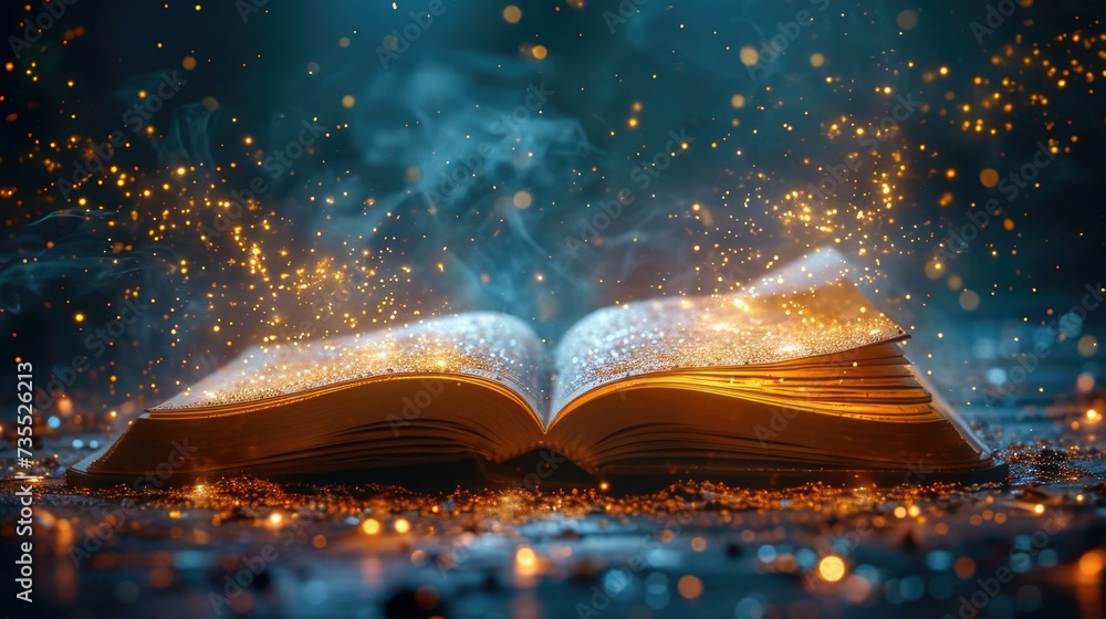 Poster an open book with glowing sparks flying from it. generative ai.