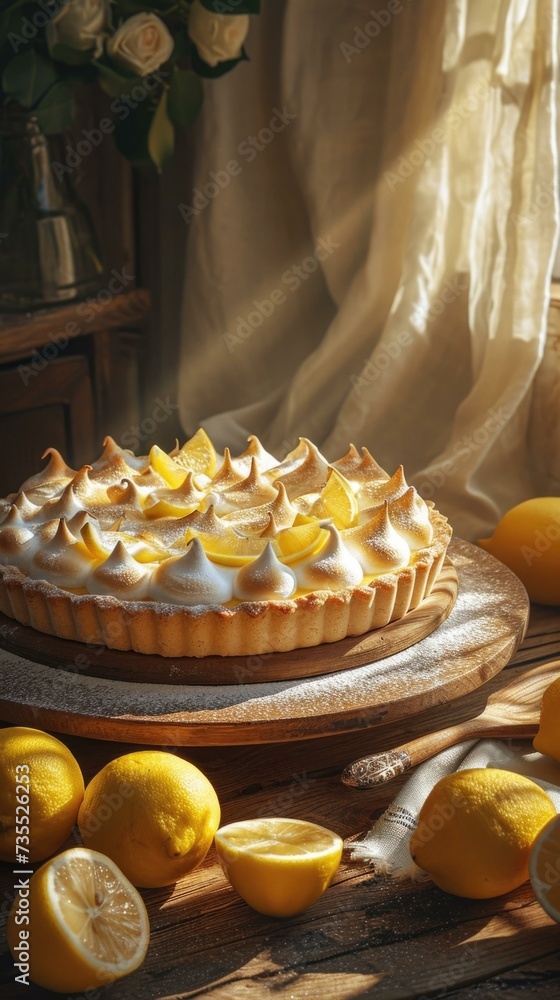 Poster a pie with lemon slices on a table. generative ai.