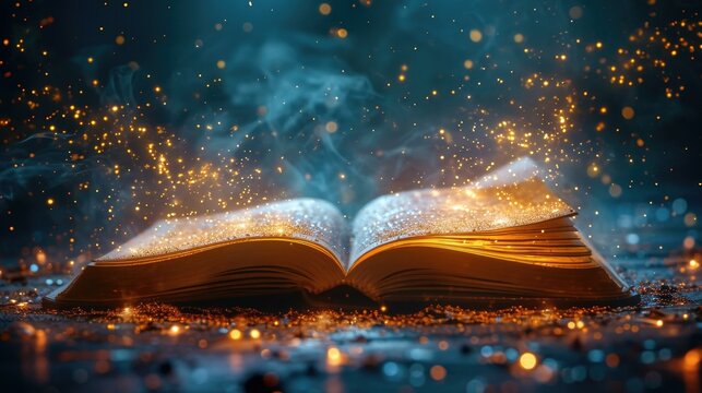 An open book with glowing sparks flying from it. Generative AI.