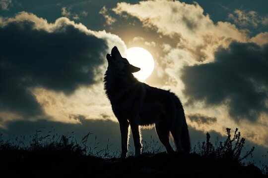 Photorealistic ai artwork of a wolf silhouette howling at the moon. Generative ai.