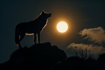 Obraz na płótnie Canvas Photorealistic ai artwork of a wolf silhouette howling at the moon. Generative ai.