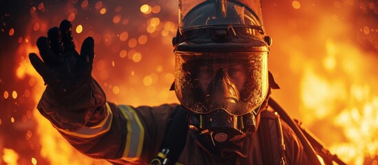 Courageous firefighter standing in protective fire suit and helmet ready to combat blaze and save lives