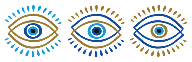 Set of evil eye or Turkish eye symbols and icons. Modern amulet design for decoration and printing