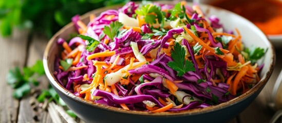 Fresh and colorful red cabbage and carrot salad in a white bowl on a wooden table