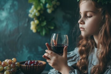 Little Girl Sitting at a Table With a Glass of Wine. Generative AI