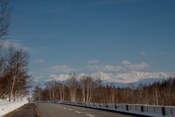 Obraz premium 雪が溶けた早春の道路と冠雪の山並み 十勝岳連峰 