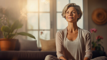 A woman sitting in a yoga position in front of a window. Healthy serene woman meditating at home with eyes closed, relaxing body and mind sitting on floor in living room. Mental health and medita - obrazy, fototapety, plakaty