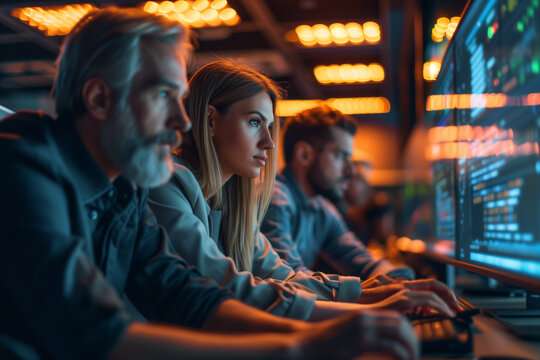 Focused team of programmers collaboratively working on software development in a dark, neon-lit room filled with computer monitors.