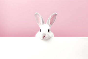 Obraz premium White rabbit pick up on a light pink background with copy space. Easter minimalistic concept with copy space. Cute pet for background, poster, print, design card, banner, flyer