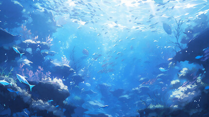 Fototapeta na wymiar Scene under the ocean with fish illustration, blue environment, background