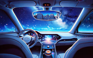 View inside a car in the space, vaporwave, synthwave style illustration