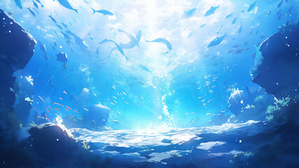 Underwater scene in a sunny way, ocean and fishes, digital illustration
