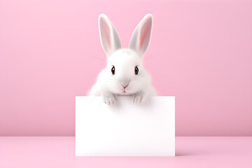 White rabbit holding white empty card with copy space on pink background. Easter minimalistic concept. Cute pet for background, poster, print, design card, banner, flyer, invitation