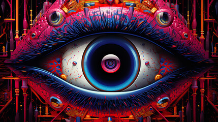 An eye in the middle of a cybernetic sonic amplifier, concept pop art.