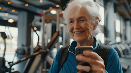 A woman wearing workout attire checks her cell phone while inside a gym