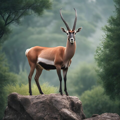 A formidable Antelope standing on a rock surrounded by trees and vegetation. Splendid nature concept.