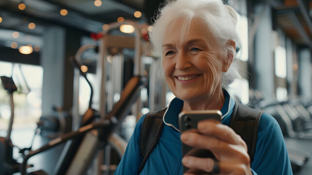 A woman wearing workout attire checks her cell phone while inside a gym