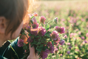 Woman picking clover in field. Womens health flower. Womans face and red clover flowers in the rays...