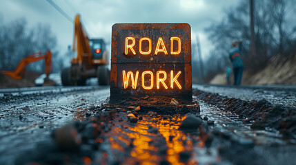 Road work sign - road construction - heavy equipment - paving 
