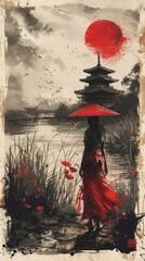 A Japanese woman sketched with red umbrella
