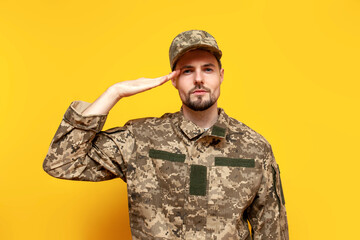 Ukrainian army soldier in pixel camouflage uniform salutes on yellow isolated background, Ukrainian...