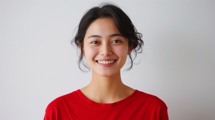 赤いシャツを着た笑顔の日本人女性
 - obrazy, fototapety, plakaty